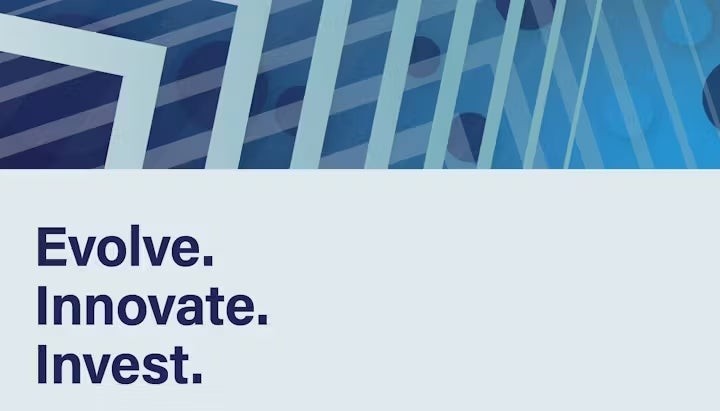 A graphic design for the PERA annual report features blue geometric shapes and the text "Evolve. Innovate. Invest." on a light blue background.